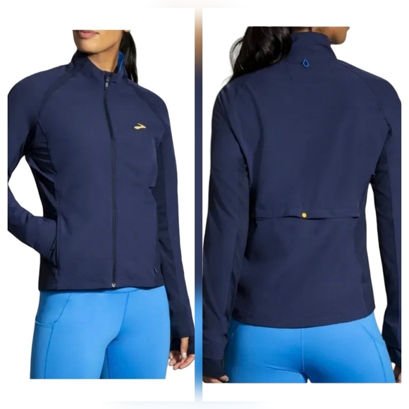Brooks Jackets & Blazers - Brooks Fusion Hybrid Jacket Navy Blue Bolt Packable Built-In Mesh Backpack